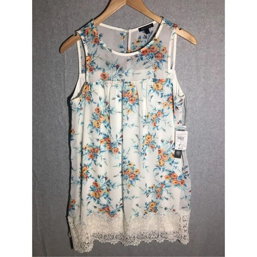 Womens NWT As U Wish Dress Floral Feminine Lace Detailing Sheer Top Sleeveless